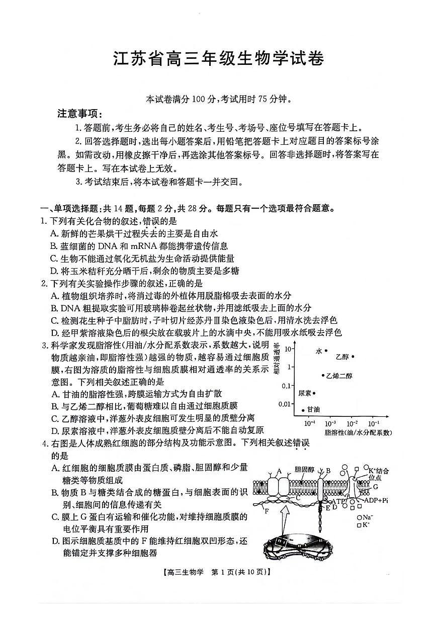 江苏金太阳百校联考2026届高三上学期12月生物试题+答案第1页