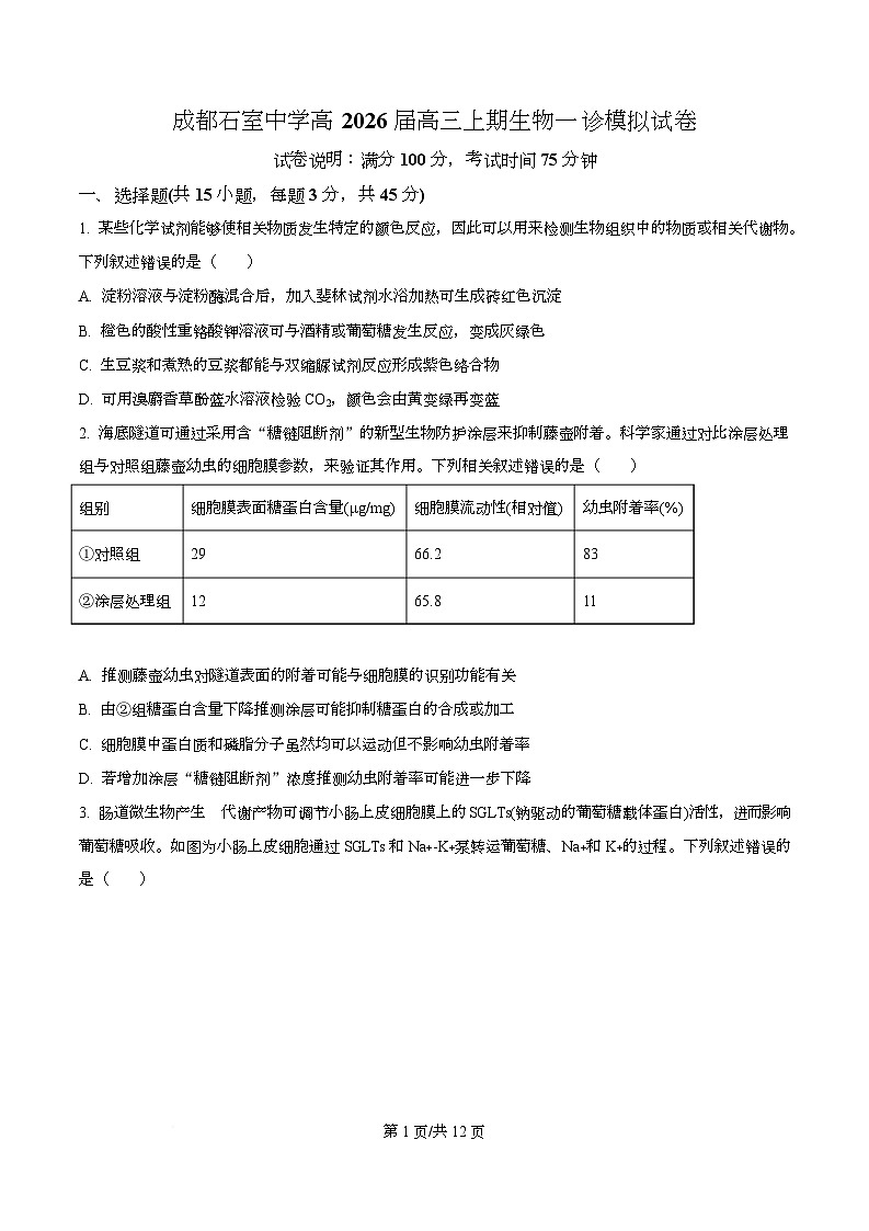 2026届四川省成都市石室中学高三一诊模拟考试生物试题（原卷版）第1页