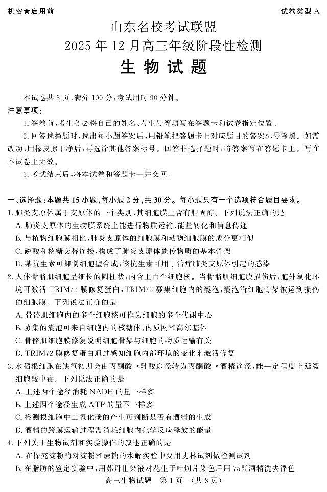 山东名校考试联盟2025年12月高三年级上学期阶段性检测生物试卷第1页
