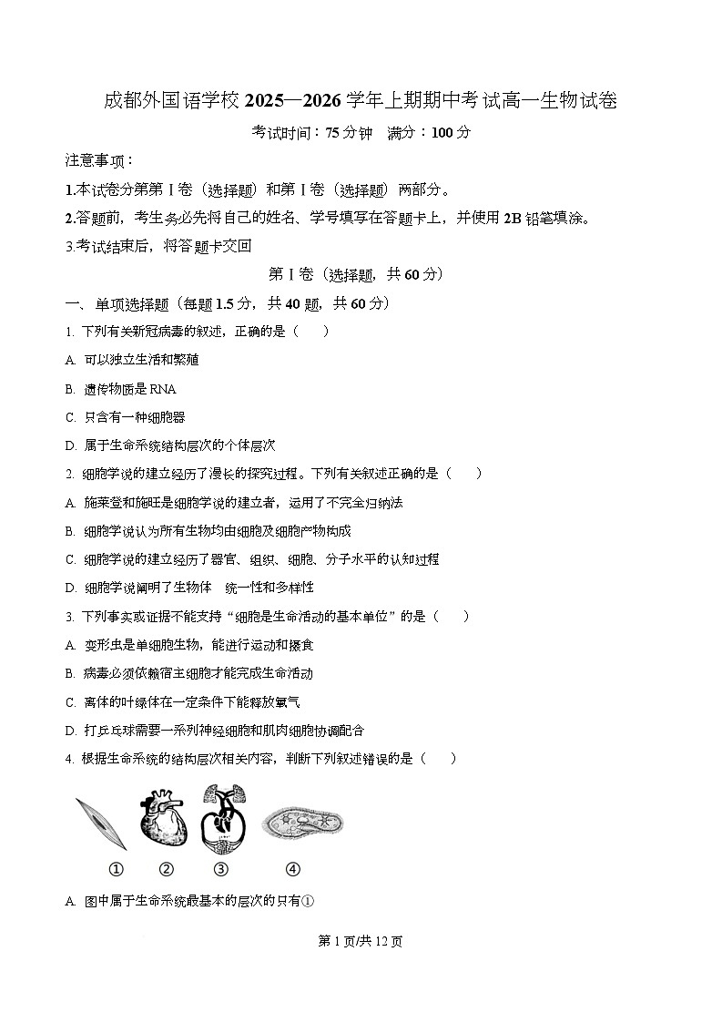 四川省成都外国语学校2025-2026学年高一上学期半期考试生物试题（原卷版）第1页
