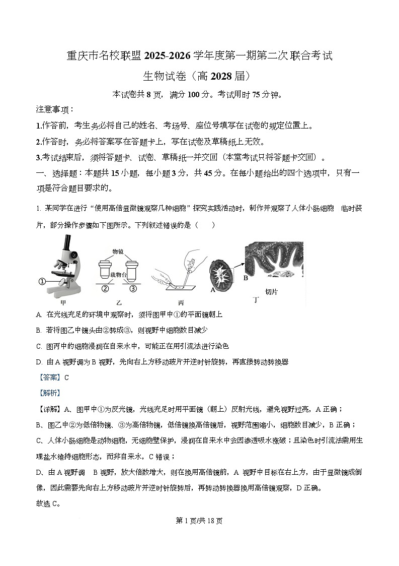 重庆市名校联盟2025-2026学年高一上学期12月月考生物试题 Word版含解析第1页