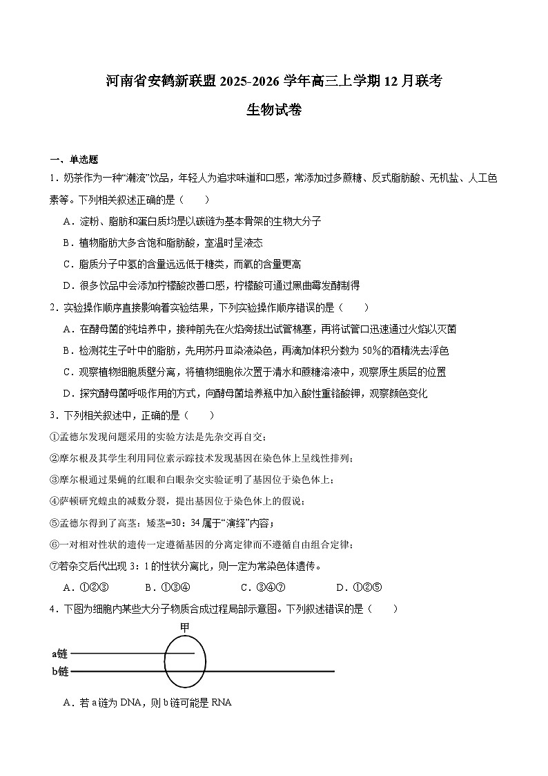 河南省安鹤新联盟2026届高三上学期12月联考生物试卷（Word版附答案）第1页