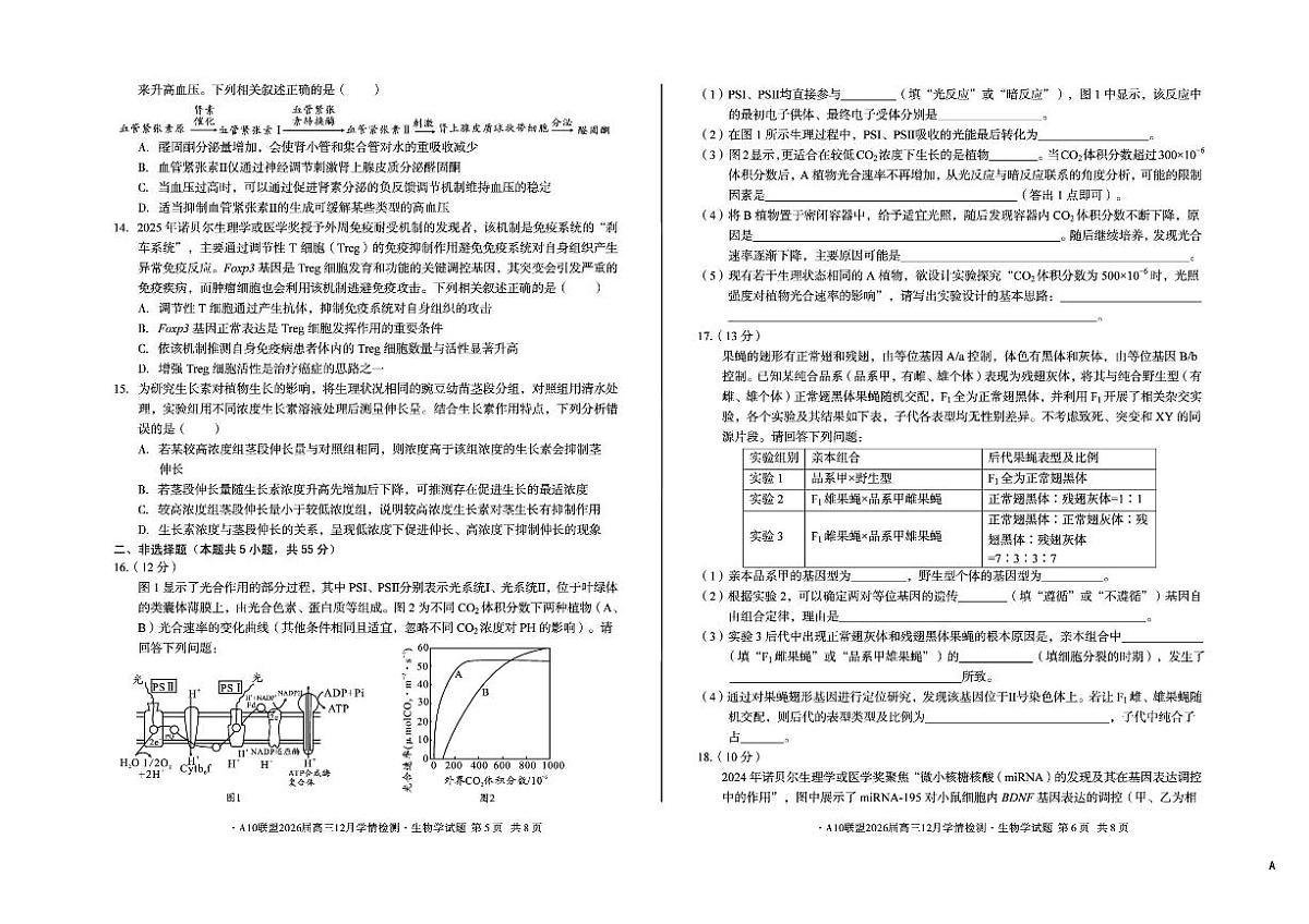安徽省A10联盟2025-2026学年高三上学期12月学情检测生物A试题（含答案）第3页