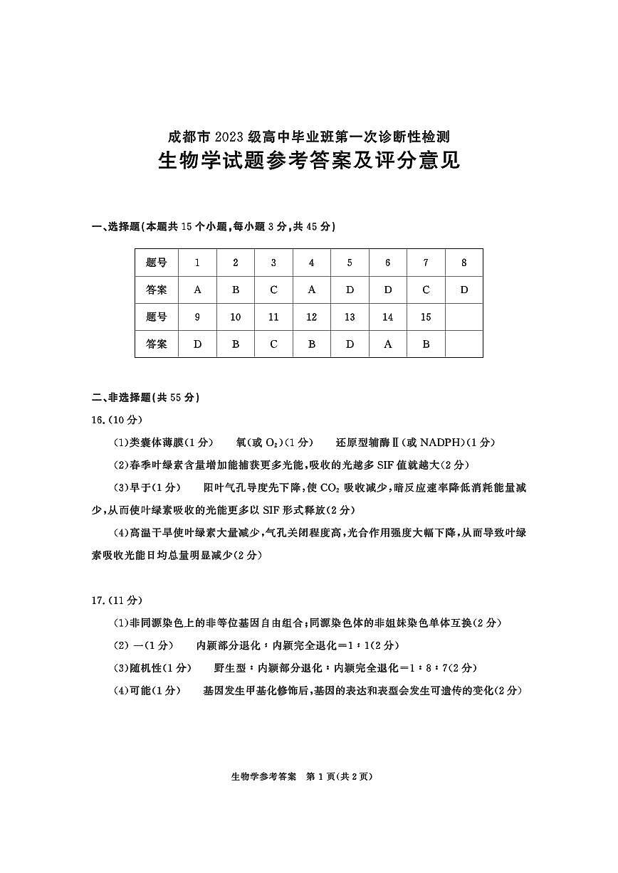 成都市2023级高中毕业班第一次诊断性检测生物答案第1页
