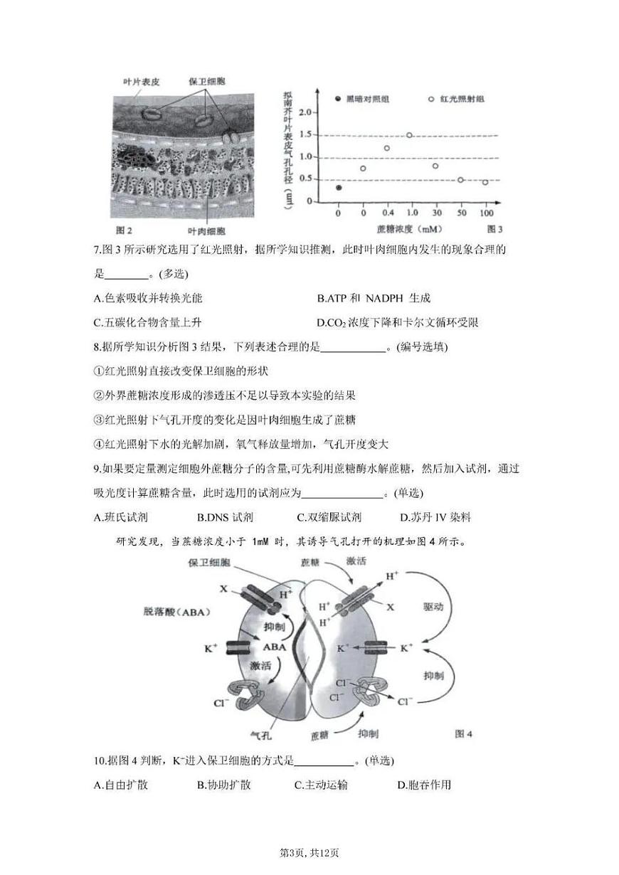 2026届上海市杨浦区高三上学期一模生物试卷和参考答案第3页