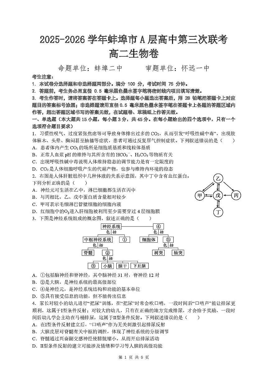 安徽省蚌埠市A层高中2025-2026学年高二上学期12月月考生物试题第1页