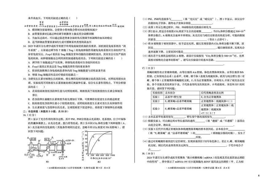 安徽省A10联盟2025-2026学年高三上学期12月学情检测生物A试题（含答案）第3页