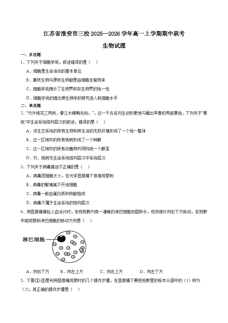 江苏省淮安市三校2025-2026学年高一上学期期中联考生物试题（Word版附答案）第1页