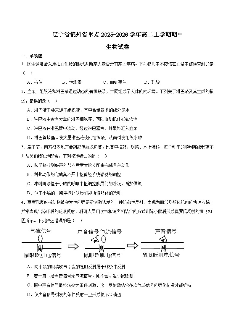 辽宁省锦州市省重点高中2025-2026学年高二上学期期中考试生物试题（Word版附答案）第1页