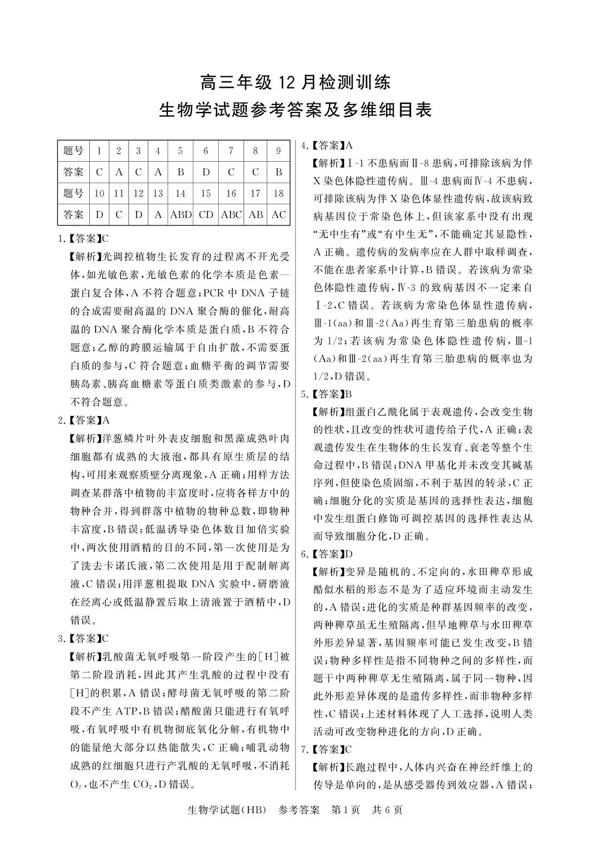 12月检测训练 生物 答案-河北第1页