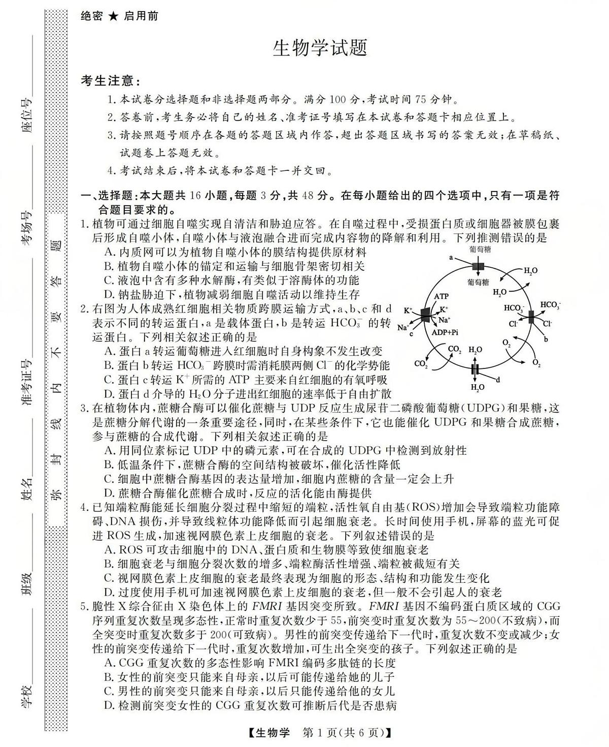 西北四省三重教育2025-2026学年高三上学期12月高考适应性考试生物试卷第1页