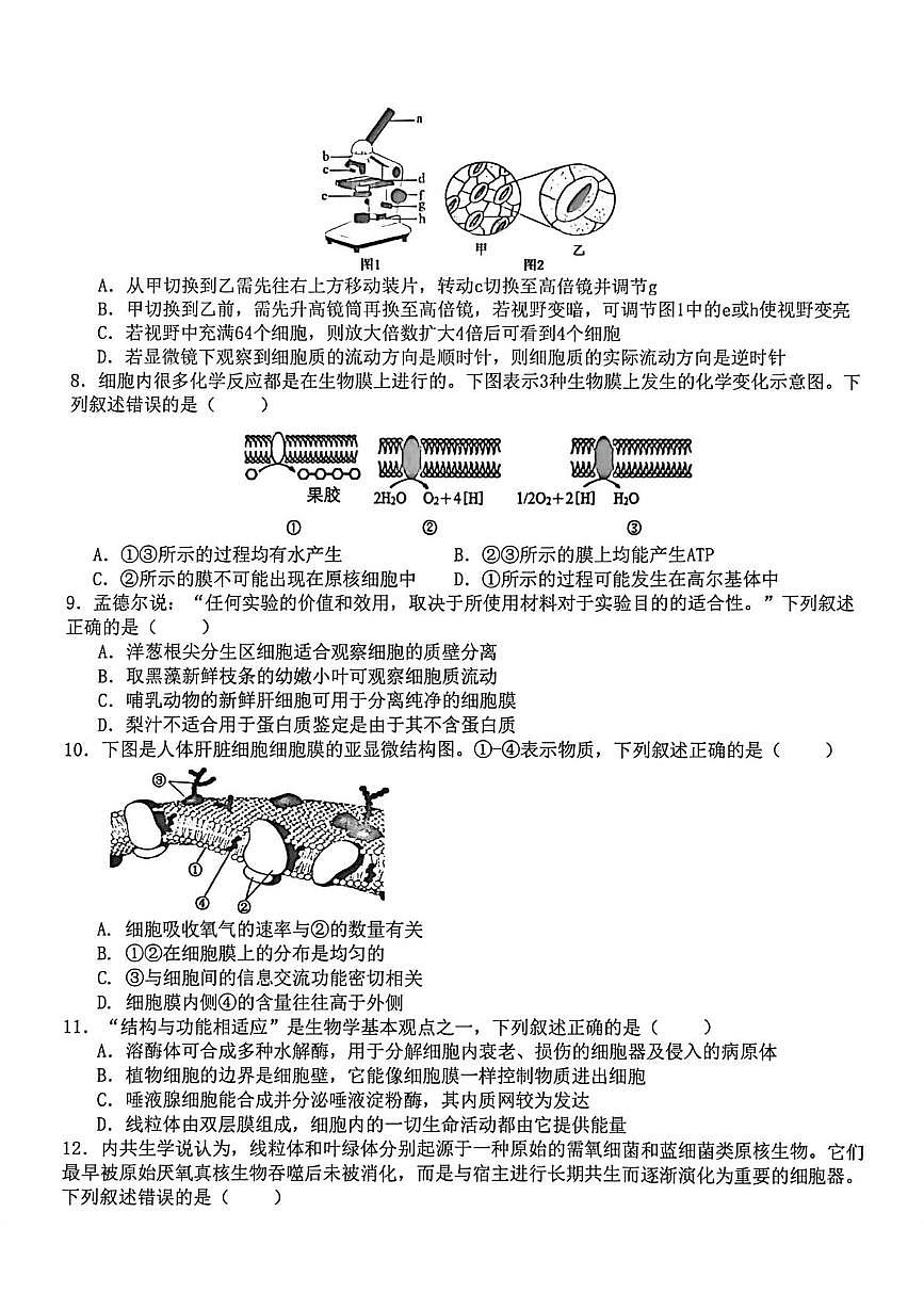 浙江省金华市卓越联盟2025-2026学年高一上学期12月月考生物试卷（扫描版附答案）第2页