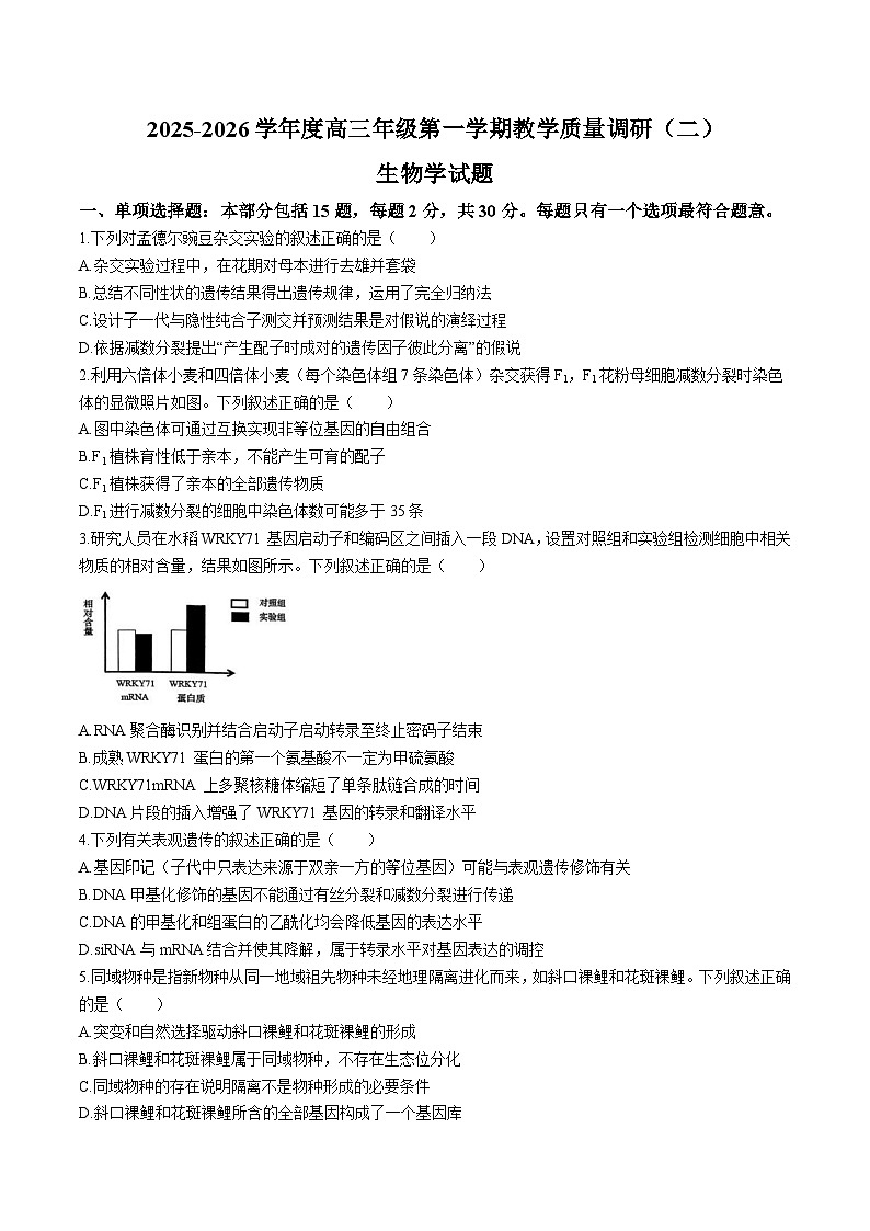 江苏省南通市如皋市2026届高三上学期教学质量调研（二）生物试卷(含答案）第1页