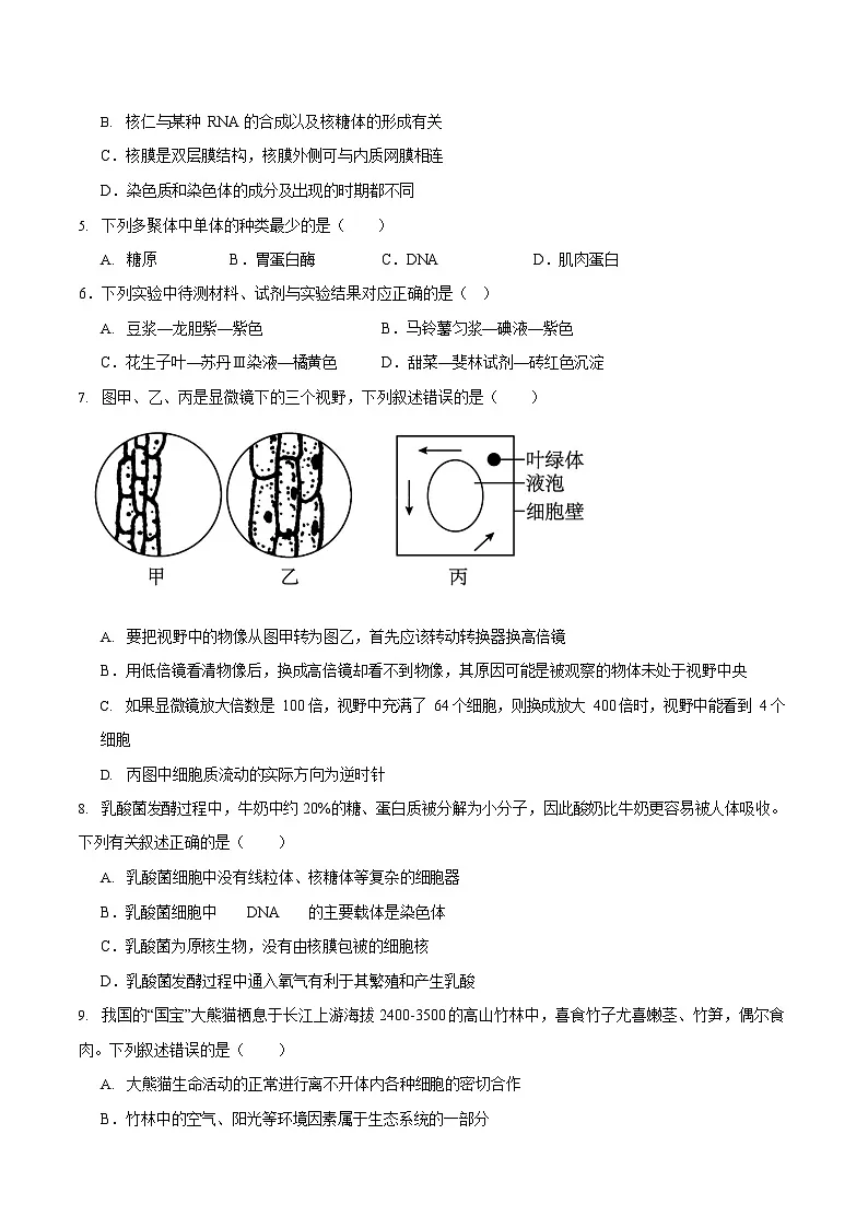 山西省阳泉市第一中学校2025-2026学年高一上学期11月期中考试 生物试卷第2页
