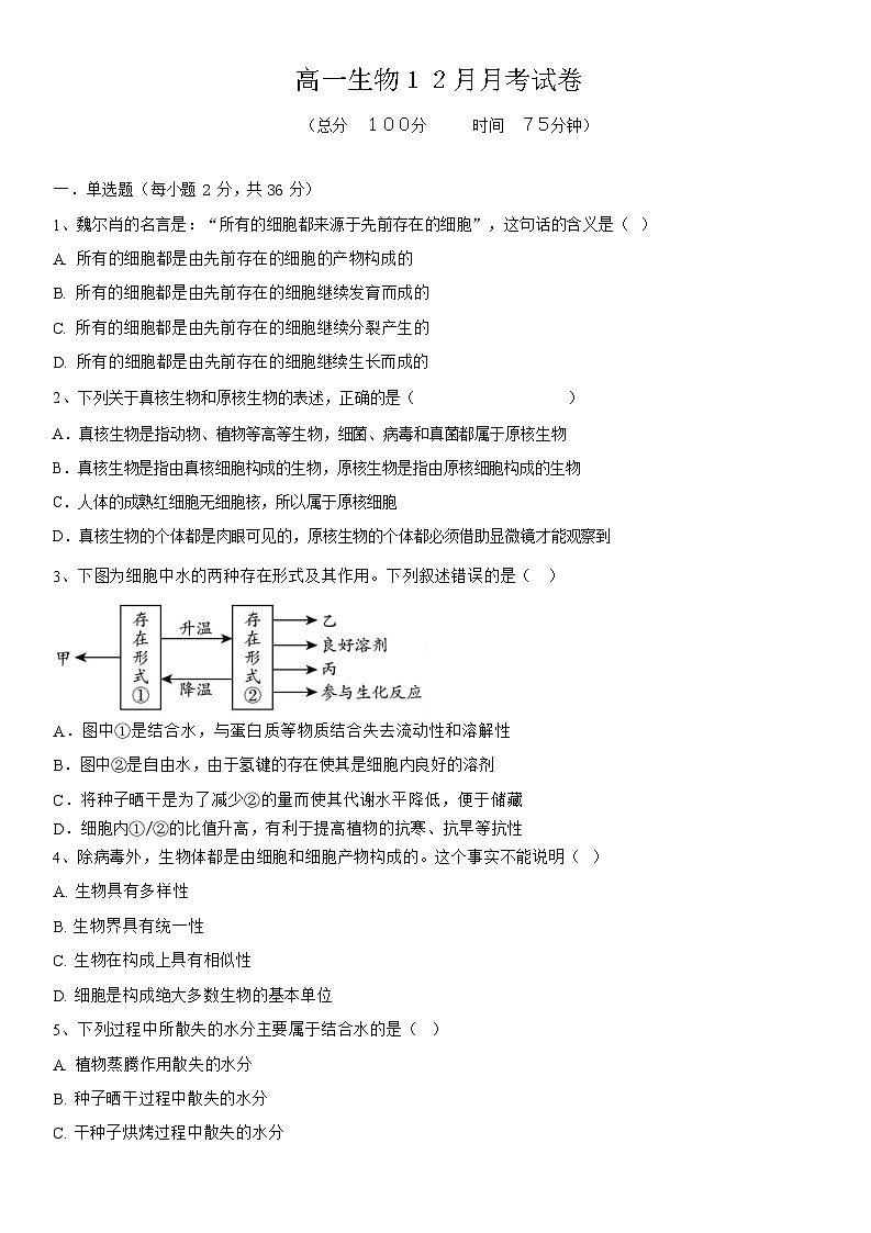 湖北省黄冈市育才高级中学2025-2026学年高一上学期12月月考生物试题第1页