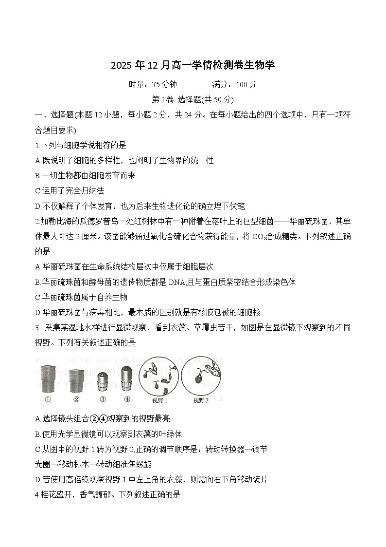 湖南省部分重点高中2025-2026学年高一上学期12月学情检测测试 生物（含答案）第1页