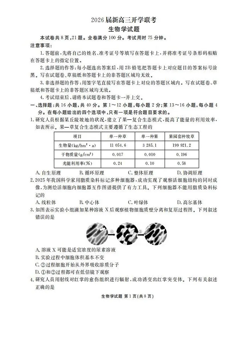 广东省衡水金卷2026届高三上学期开学考试生物试卷（含答案）第1页