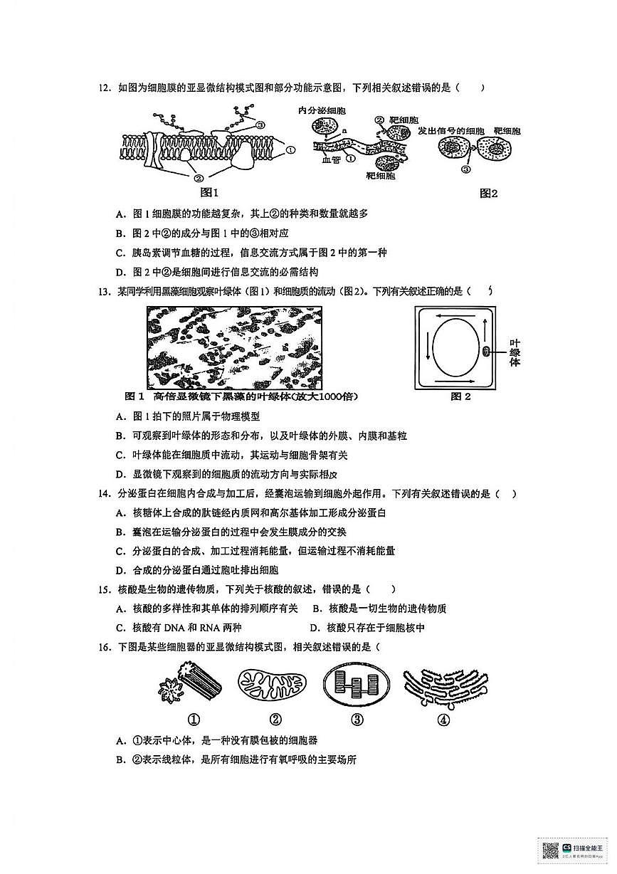 甘肃省武威市天祝藏族自治县第一中学2025-2026学年高一上学期第二次月考生物试题第3页