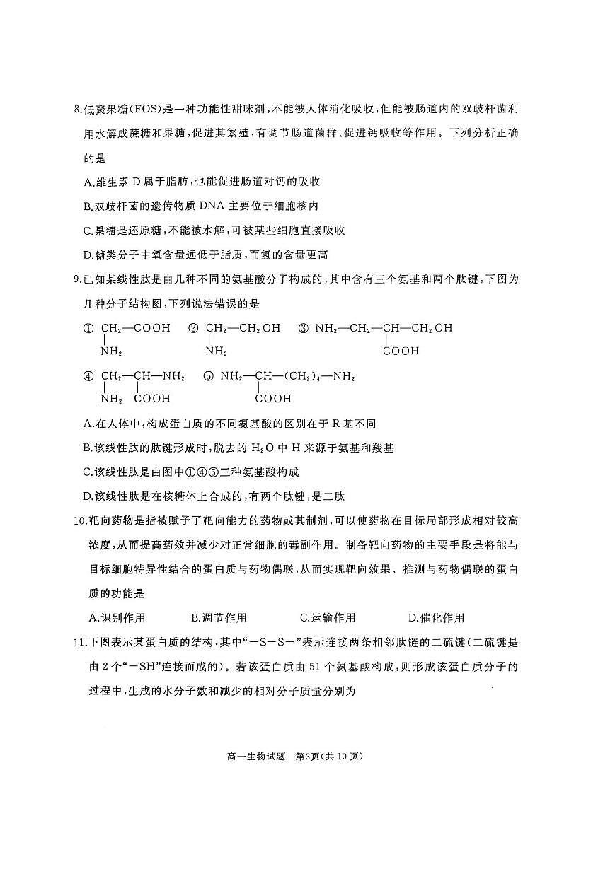 山东省枣庄市重点高中2025-2026学年高一上学期12月期中质量检测 生物试卷（含答案）第3页