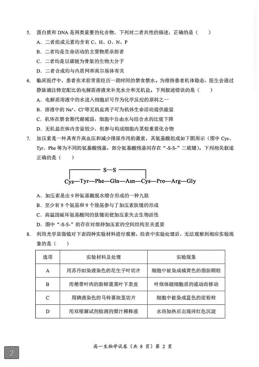 湖北省黄石市重点高中2025-2026学年高一上学期11月期中考试 生物（含答案）第2页