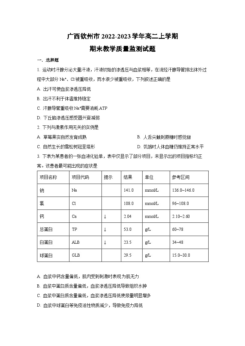 广西钦州市2022-2023学年高二上学期期末教学质量监测生物试卷（学生版）第1页