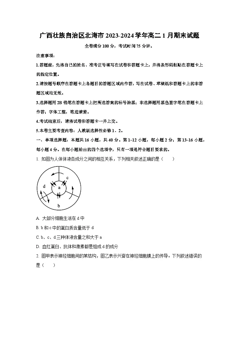 广西壮族自治区北海市2023-2024学年高二上1月期末生物试卷（学生版）第1页