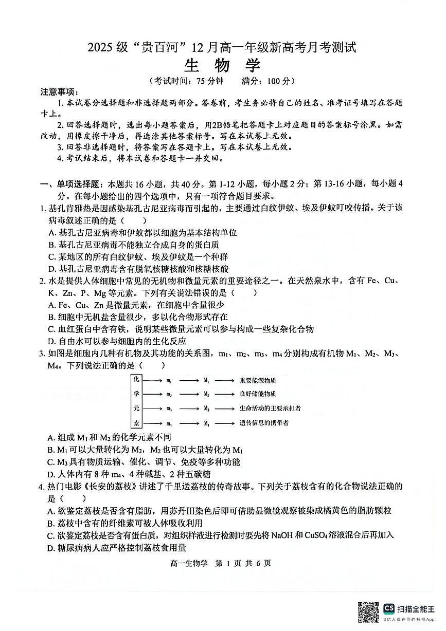 广西2025级“贵百河”12月高一年级新高考月考测试生物 广西2025级“贵百河”12月高一年级新高考月考测试生物第1页