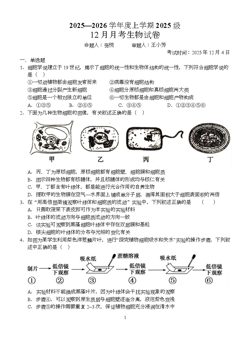 湖北省荆州市沙市中学2025-2026学年高一上学期12月月考生物试题第1页
