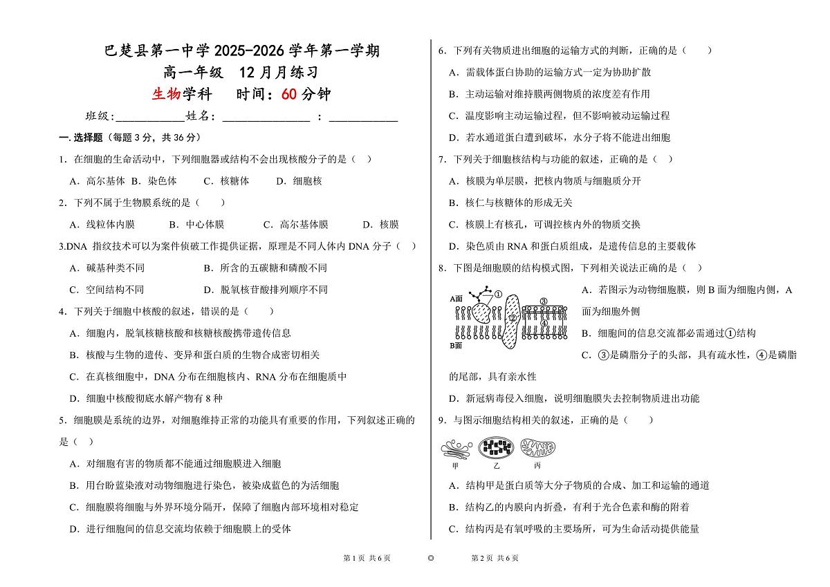 新疆维吾尔自治区喀什地区巴楚县第一中学2025-2026学年高一上学期12月月考生物试卷第1页