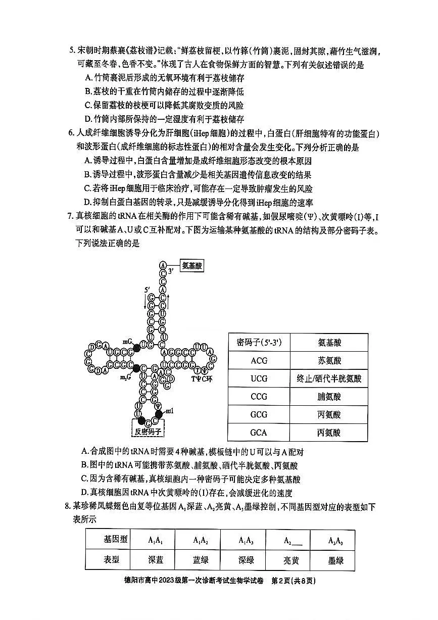 德阳市高中2023级第一次诊断考试生物第2页