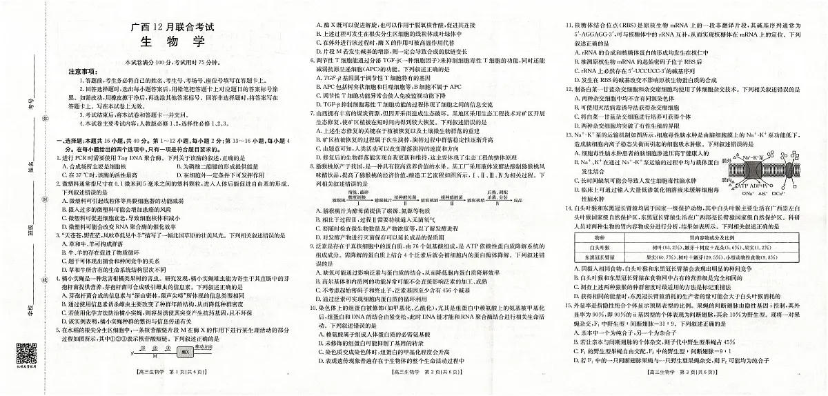 广西2026届高三上学期12月联考（26-182C）生物第1页