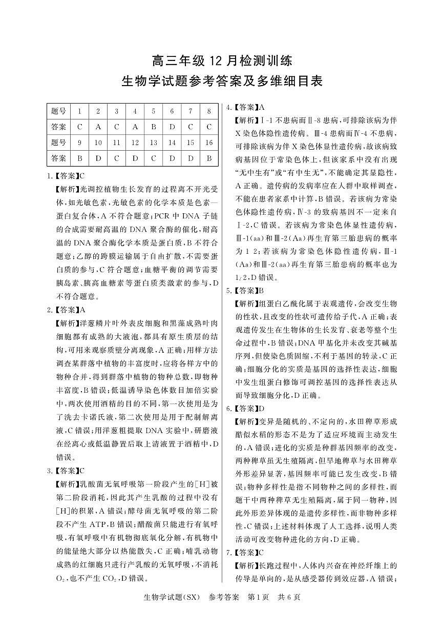 T8联考2026届高三年级12月检测训练生物(山西)答案第1页