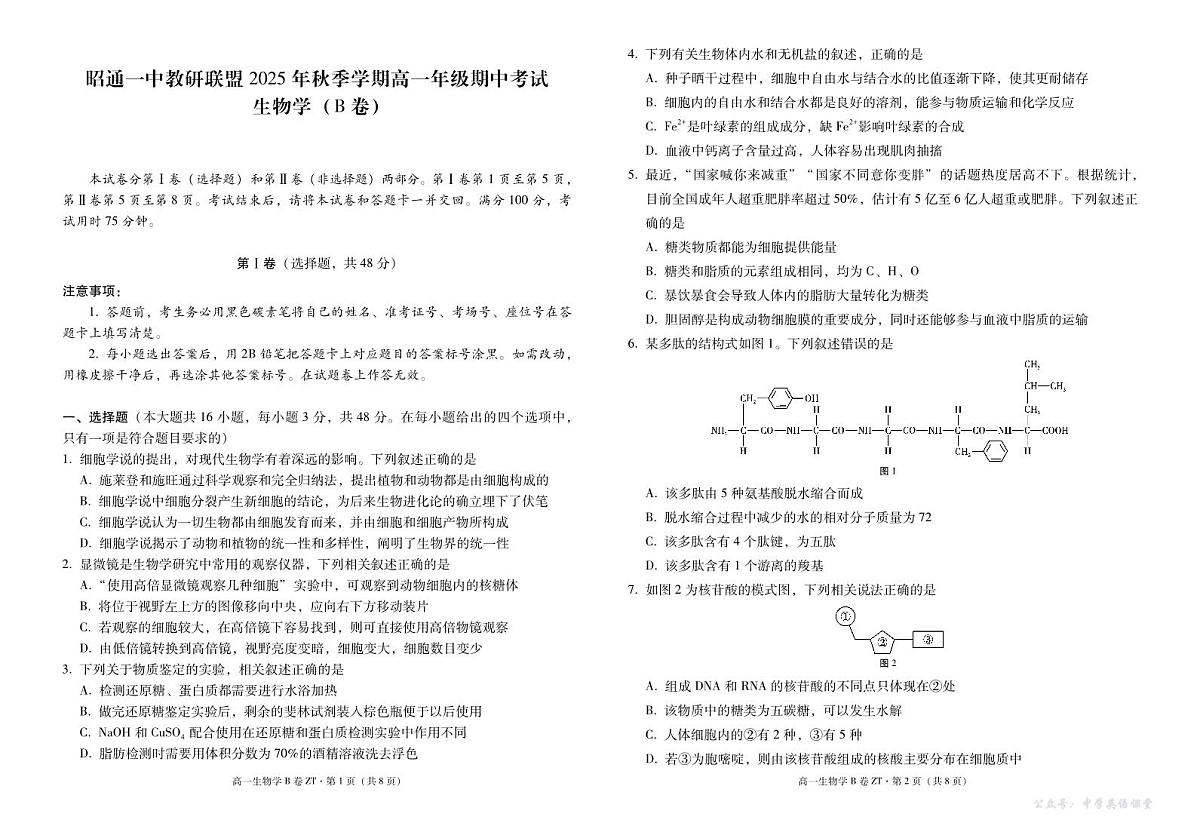 云南省昭通一中教研联盟2025-2026学年高一上学期期中考试生物（B）试卷（PDF版）第1页