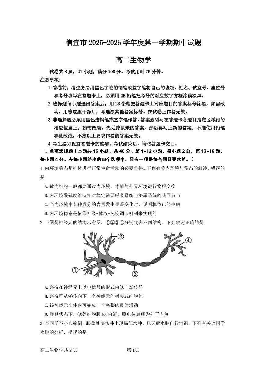 广东省茂名市信宜市2025-2026学年高二上学期11月期中考试生物试题（PDF版附答案）第1页