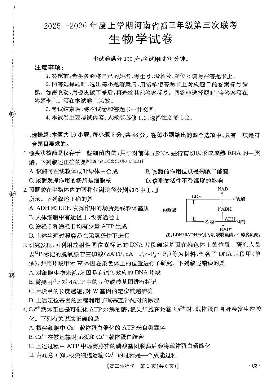 2025-2026学年河南省三联高三上学期12月生物试题无答案第1页