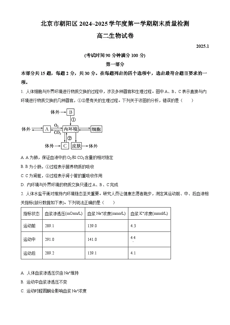 北京市朝阳区2024-2025学年高二上学期1月期末质量检测生物试卷 Word版无答案第1页