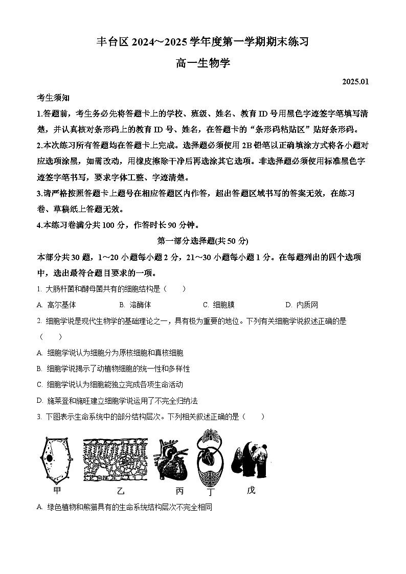 北京市丰台区2024-2025学年高一上学期期末生物试题 Word版无答案第1页