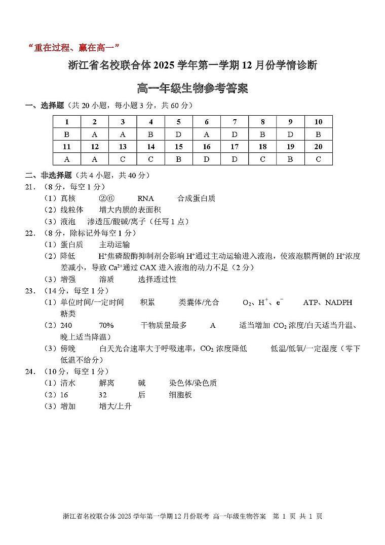 高一生物 答案第1页