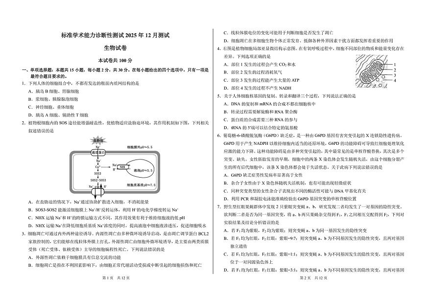 山东省日照第一中学2025-2026学年高三上学期12月学术标准能力测试（TDA）生物试题第1页