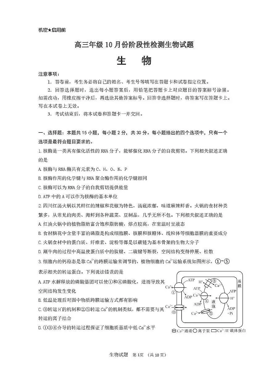 生物丨山东师范大学附属中学2026届高三上学期10月阶段性检测试卷及答案第1页