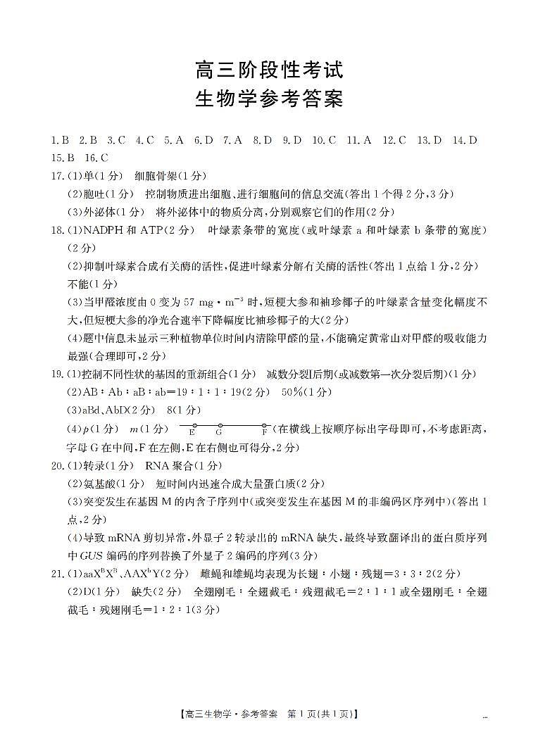 甘肃省2026届高三上学期12月阶段性考试生物答案第1页