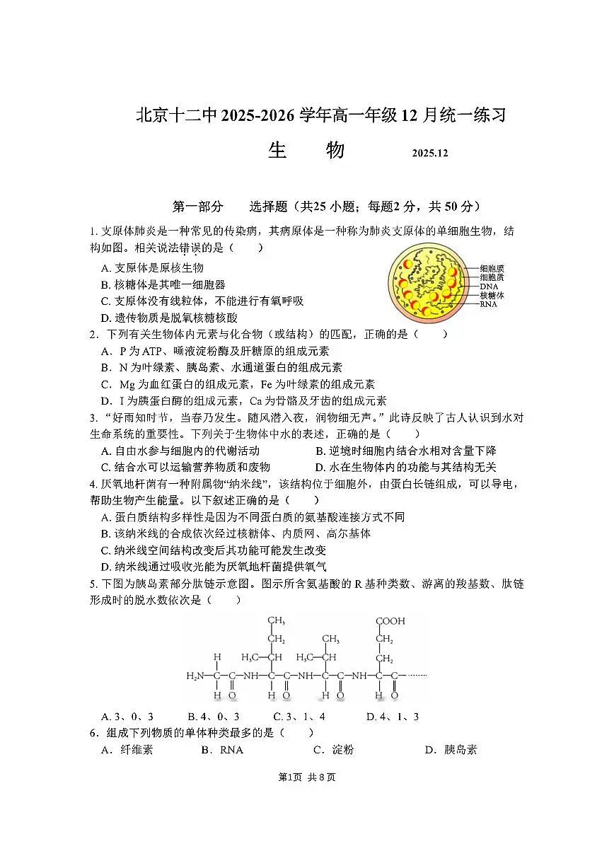 北京市第十二中学2025-2026学年高一上学期12月月考生物试题（PDF版，含答案）第1页