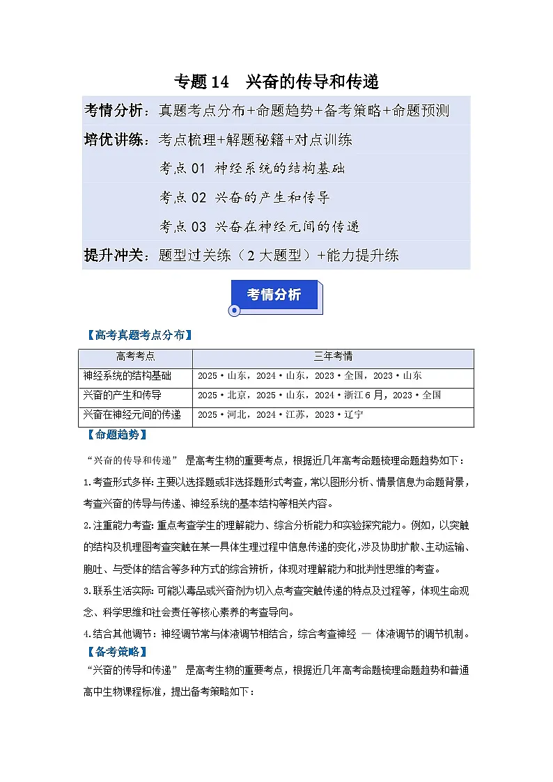 专题14 兴奋的传导和传递（高效培优讲义）（解析版）第1页