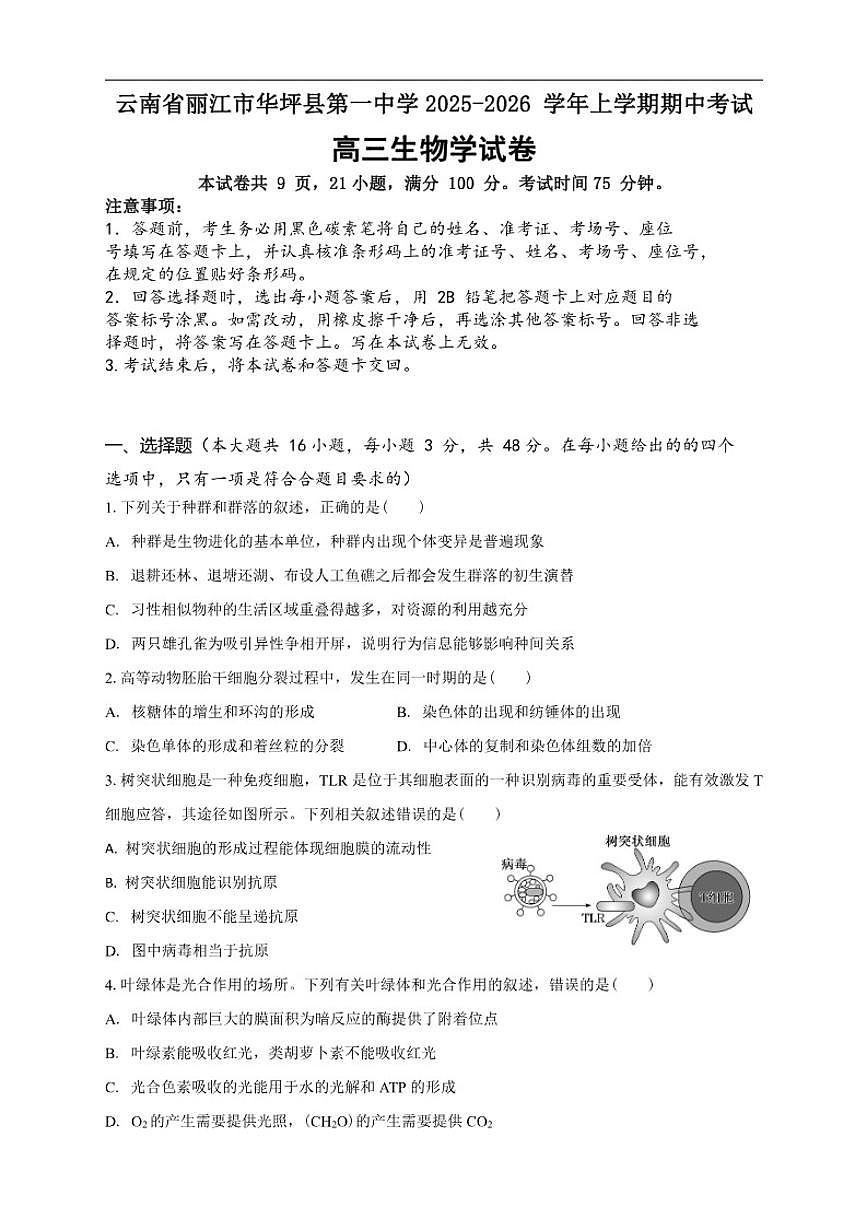 云南省丽江市华坪县第一中学2025-2026学年高三上学期期中考试生物学试卷（含解析）第1页