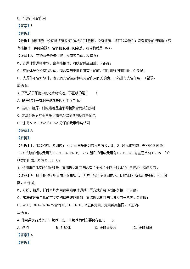 北京市海淀区2024-2025学年高一上学期1月期末考试生物试卷 含解析第2页