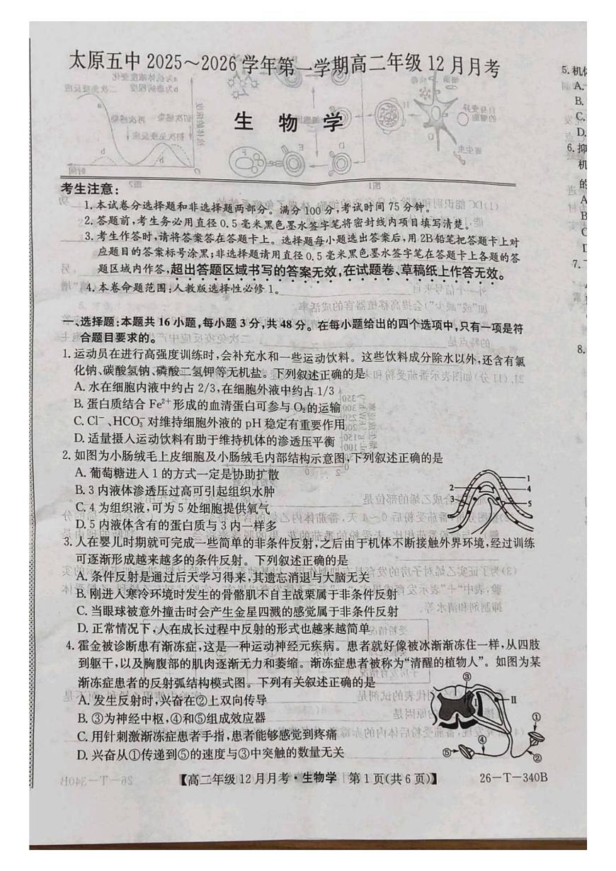 生物-山西省太原五中2025-2026学年高二上学期12月月考试卷及答案第1页
