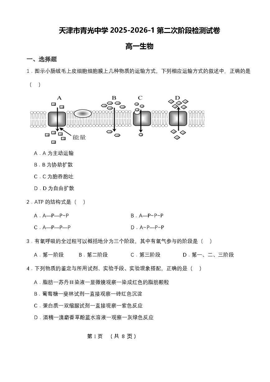 天津市北辰区青光中学2025-2026学年高一上学期第二次月考生物试卷第1页