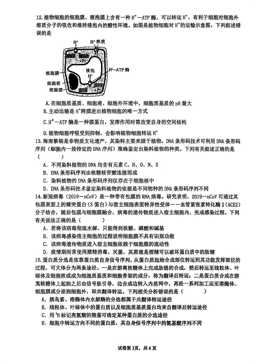 福建省厦门市第十中学2025-2026学年高一上学期期中质量检测生物试题第3页