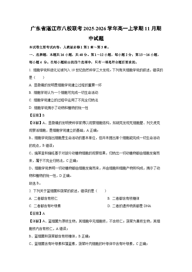 【生物】广东省湛江市八校联考2025-2026学年高一上学期11月期中试题（解析版）第1页