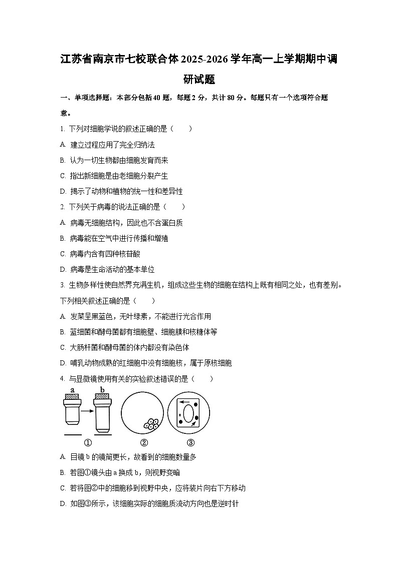【生物】江苏省南京市七校联合体2025-2026学年高一上学期期中调研试题（学生版）第1页